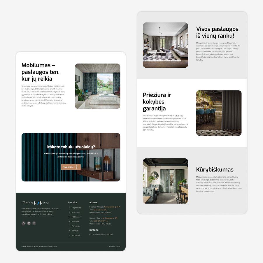 Užuolaidų studijos svetainės puslapis su skiltimi ‘Mobilumas – paslaugos ten, kur jų reikia’, CTA ‘Ieškote tobulų užuolaidų?’ ir trimis paslaugų blokais su interjero nuotraukomis