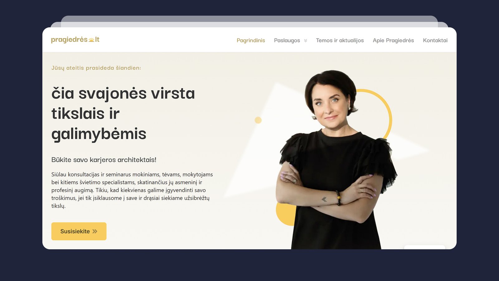 Pragiedrės.lt svetainės hero skyrius su antrašte ‘čia svajonės virsta tikslais ir galimybėmis’ ir stilizuota portretine nuotrauka