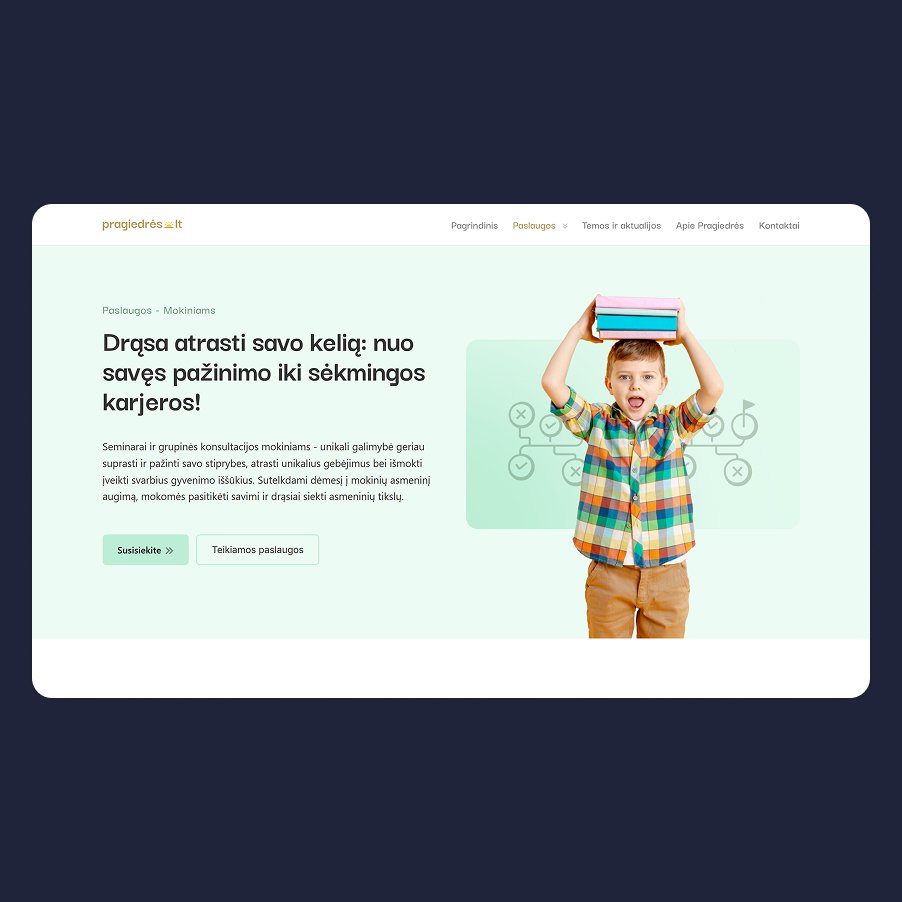 Pragiedrės.lt mokiniams skirtas hero su antrašte ‘Drąsa atrasti savo kelią: nuo savęs pažinimo iki sėkmingos karjeros!’ ir berniuko nuotrauka laikančio knygas