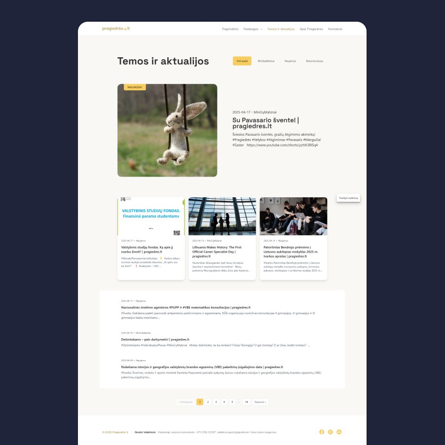 Pragiedrės.lt ‘Temos ir aktualijos’ puslapis su pavasario šventės įrašo anonsu, straipsnių kortelėmis ir įrašų sąrašu