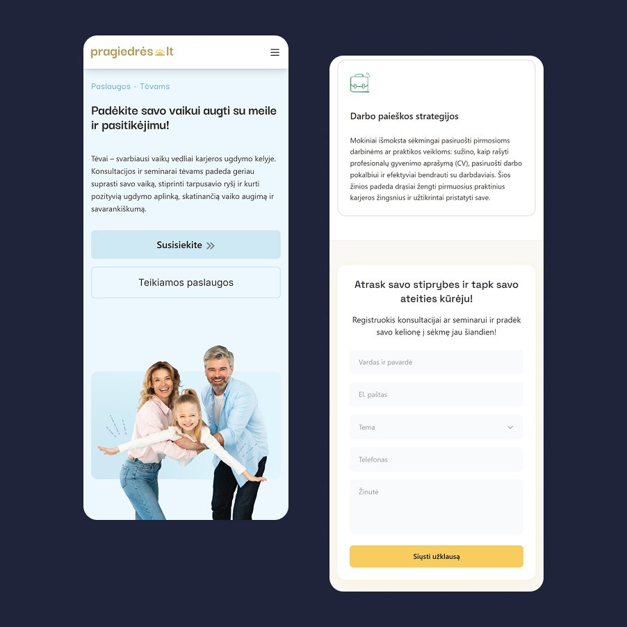Pragiedrės.lt mob. skiltis su tekstu ‘Padėkite savo vaikui augti su meile ir pasitikėjimu!’ bei formos ekranas su ‘Darbo paieškos strategijos’ kortele ir registracijos laukais