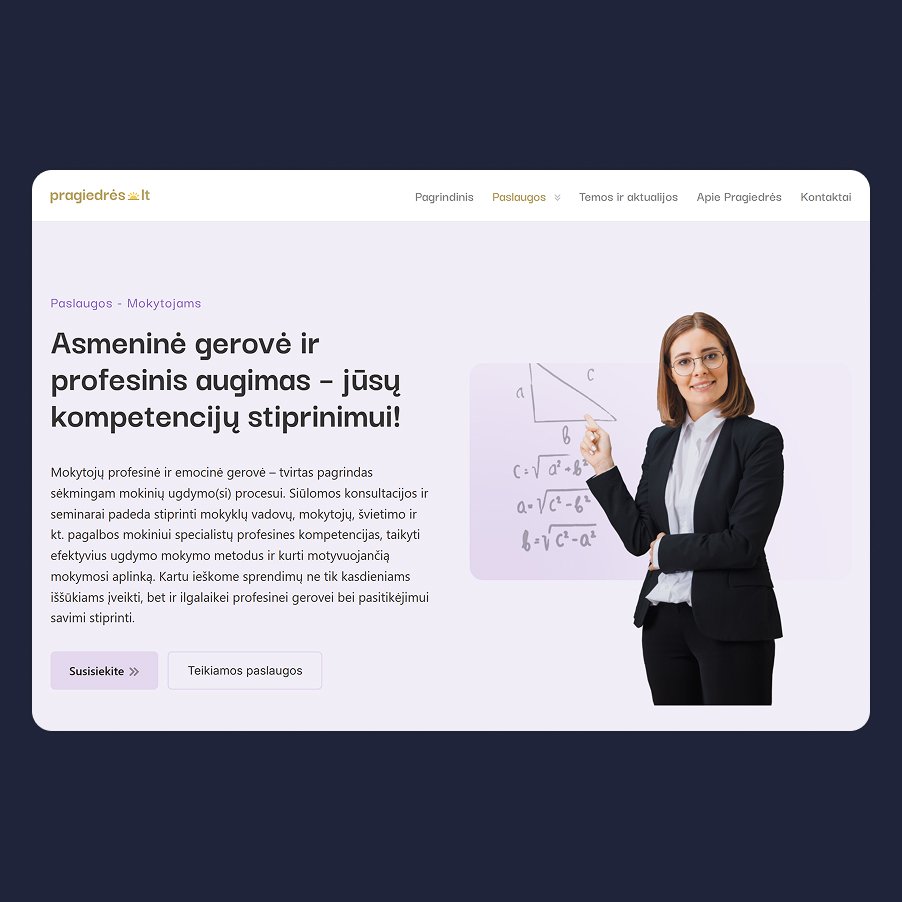 Pragiedrės.lt mokytojams skirtas hero su antrašte ‘Asmeninė gerovė ir profesinis augimas – jūsų kompetencijų stiprinimui!’ ir mokytojos stilizuota nuotrauka prie lentos