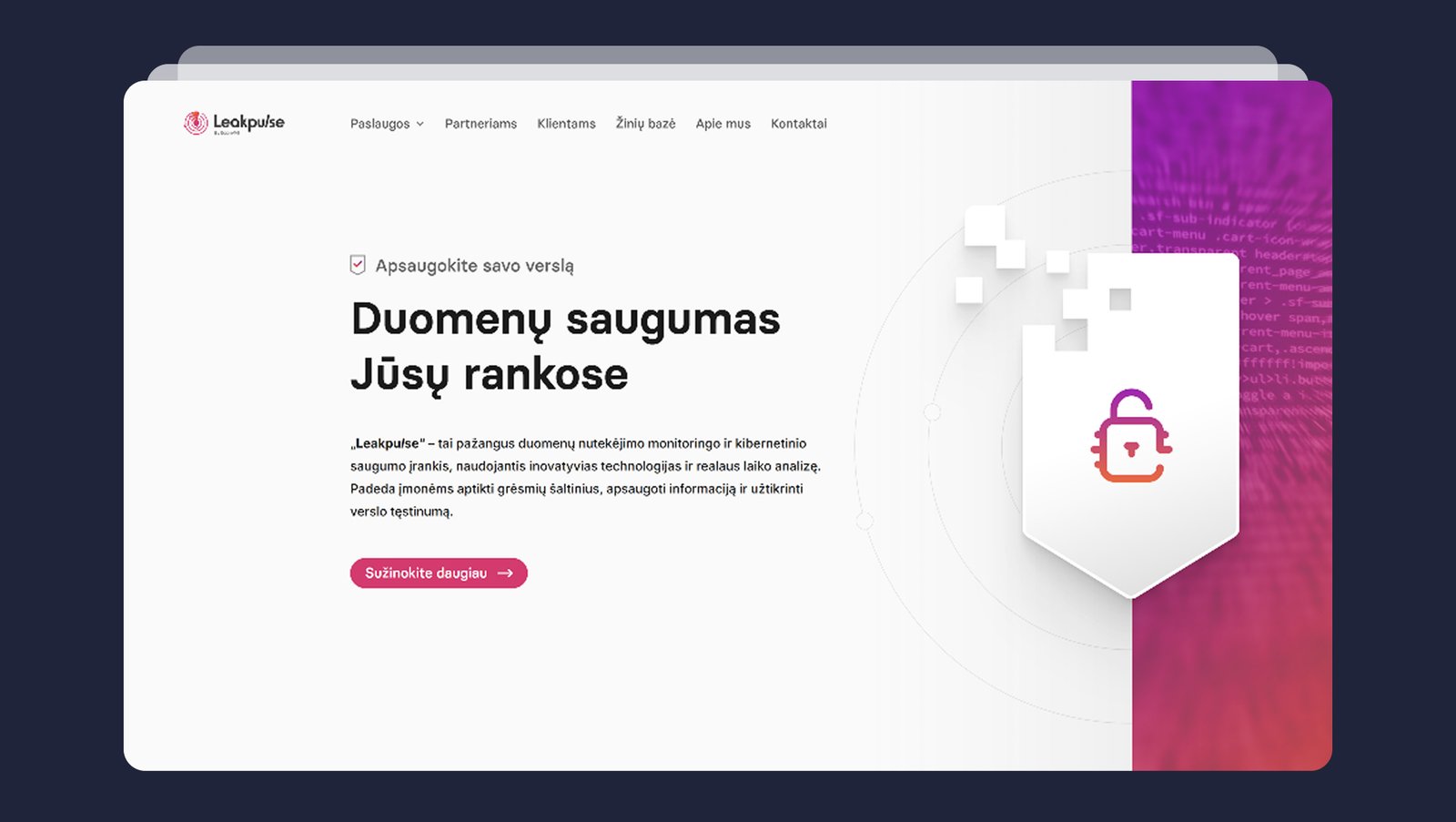 Leakpulse duomenų saugumo įrankio titulinio puslapio hero sekcija su antrašte ‘Duomenų saugumas Jūsų rankose’ ir spynos piktograma