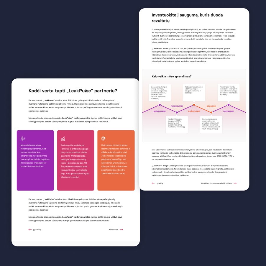 Leakpulse partnerystės puslapis: trys spalvotos naudų kortelės ir duomenų apsaugos proceso diagrama