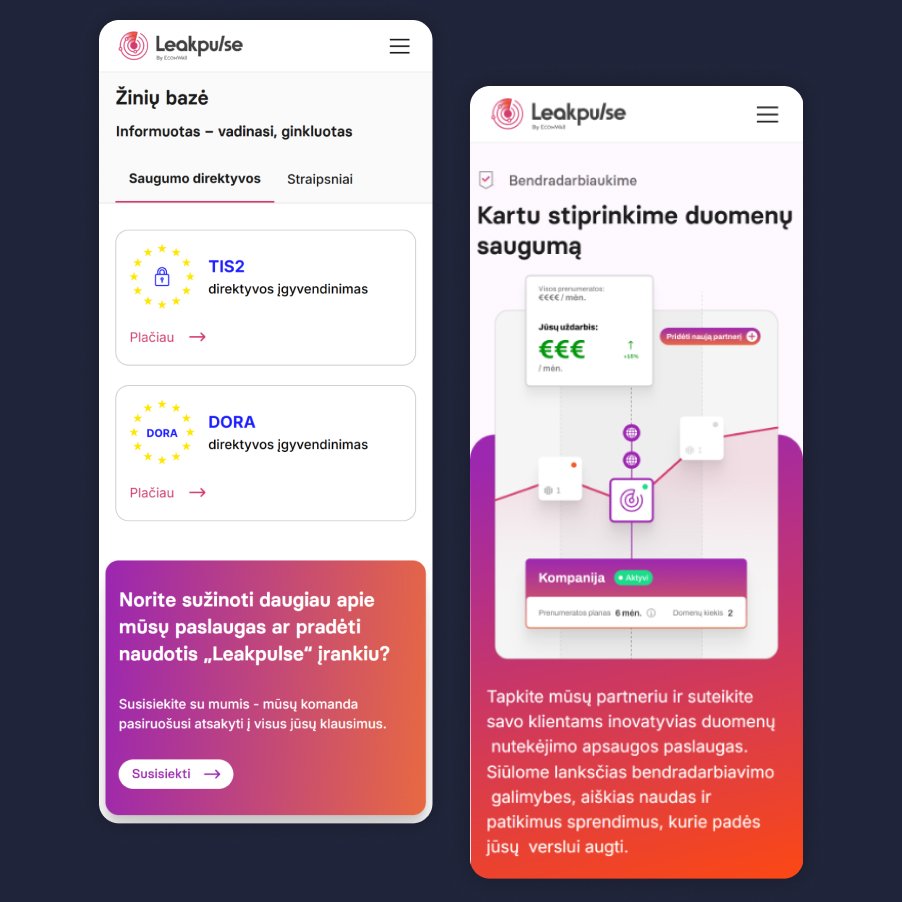 Leakpulse svetainės responsyvi versija: žinių bazės kortelės su TIS2 ir DORA direktyvomis bei prenumeratos valdymo skydelis su kainomis ir duomenų rodmenimis
